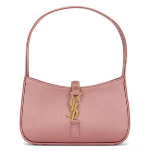Saint Laurent Mini Le 5 A 7 Hobo Dragee Pink Satin Gold YSL Logo Top Handle Bag